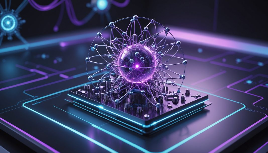 Illustration d'atomes piégés par laser au-dessus d'une puce quantique dans un laboratoire