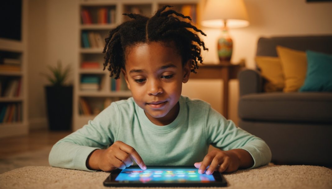 Enfant utilisant une tablette avec un jeu éducatif, ambiance chaleureuse