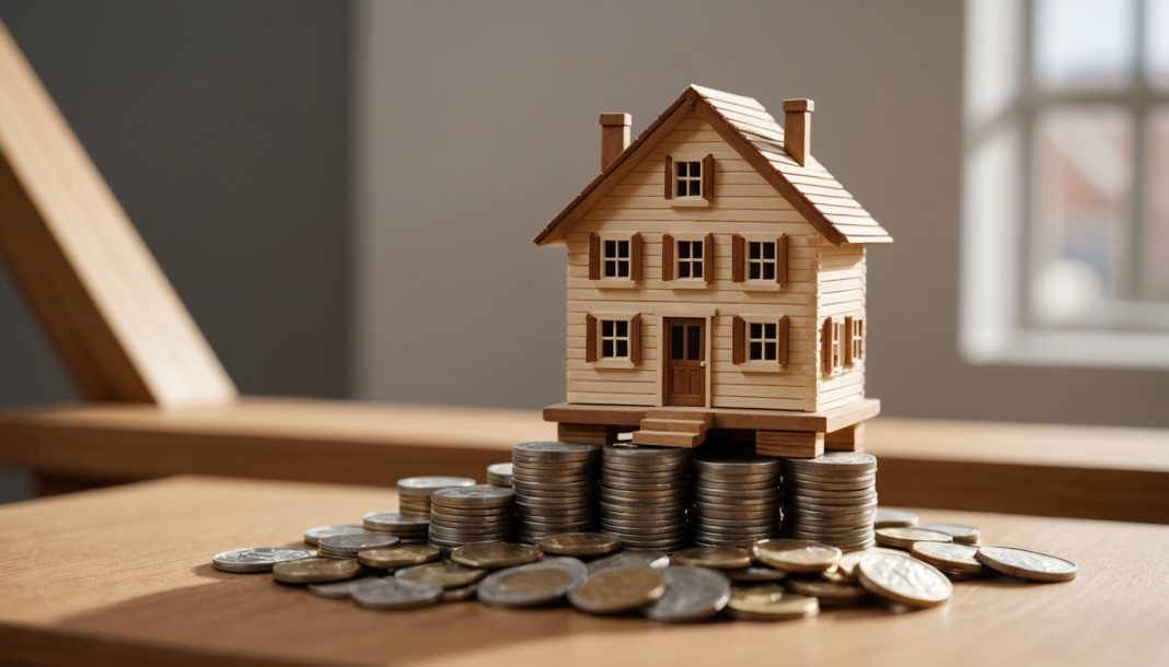 Illustration de la hausse des taux de credit immobilier en France, maison miniature posee sur des piles de pieces de monnaie