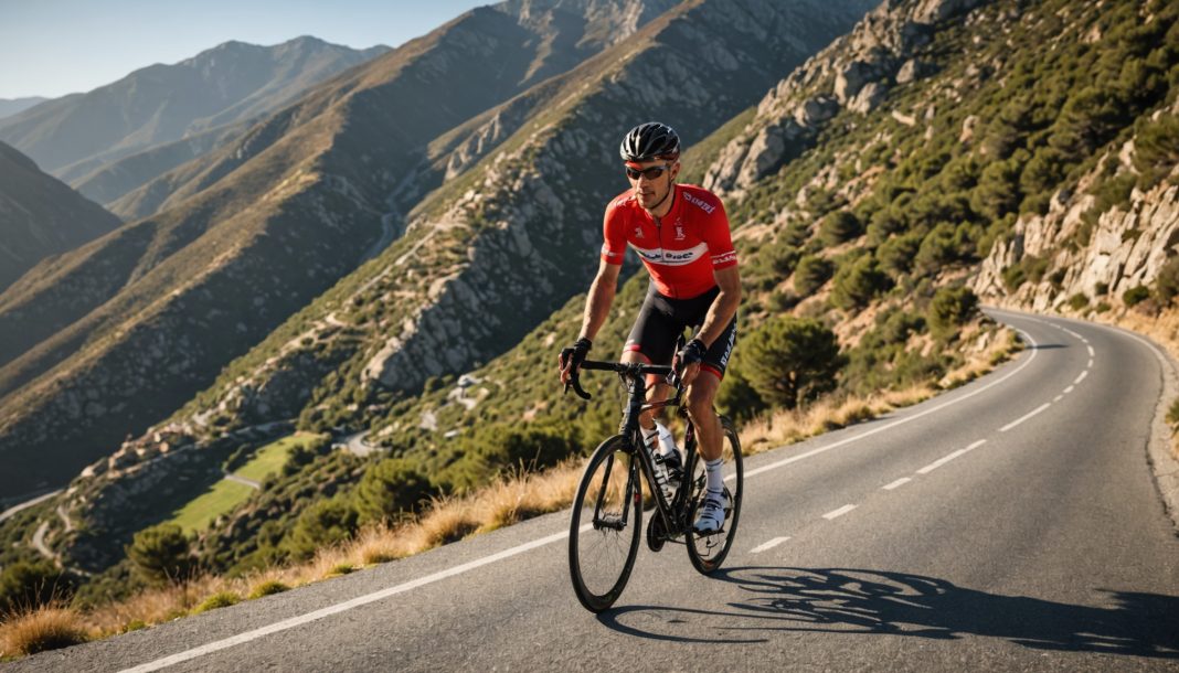 Cycliste portant le maillot rouge de leader lors d'une étape de montagne du Tour d'Espagne