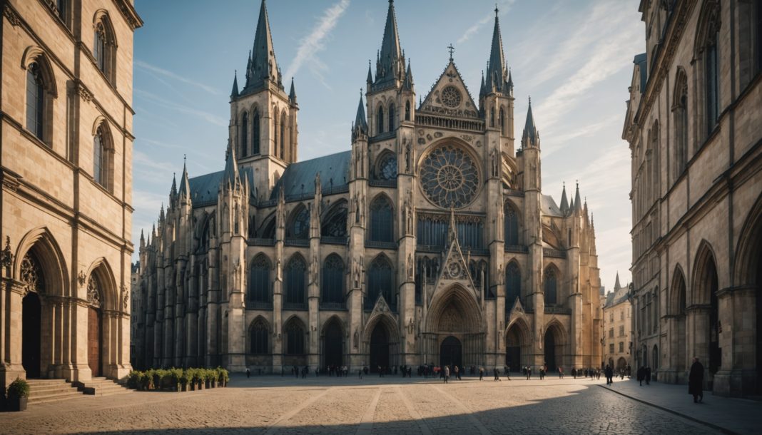 Vitraux d'une cathédrale gothique illustrant la visite du pape Léon XIV à Metz