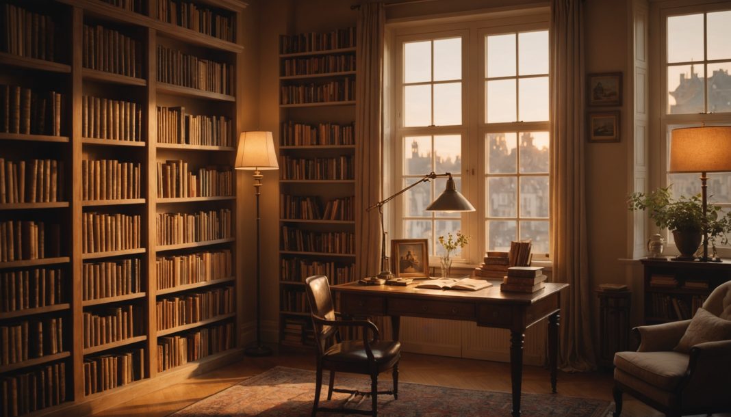 Bibliothèque chaleureuse avec lampe de lecture, illustration du Prix Nobel de littérature