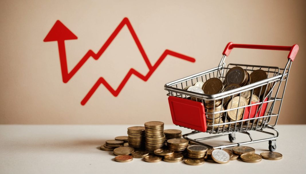 Panier de courses et pièces en euros illustrant la hausse de l'inflation en France