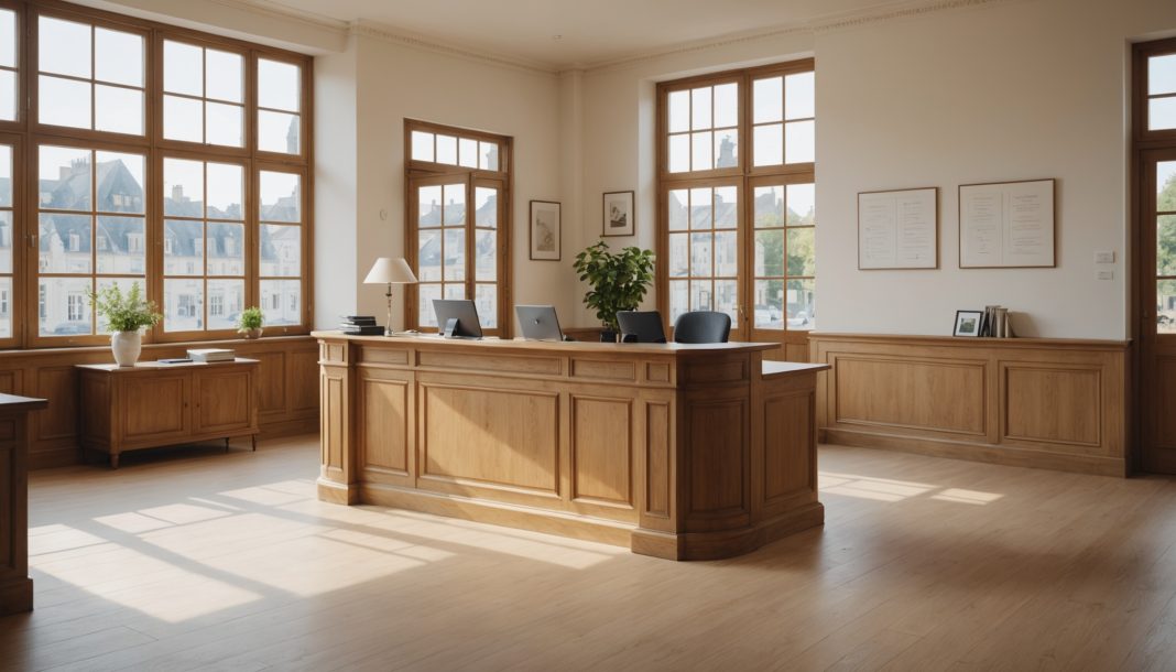 Illustration générée par IA d'un accueil France Services, conseiller aidant un usager avec ses démarches administratives
