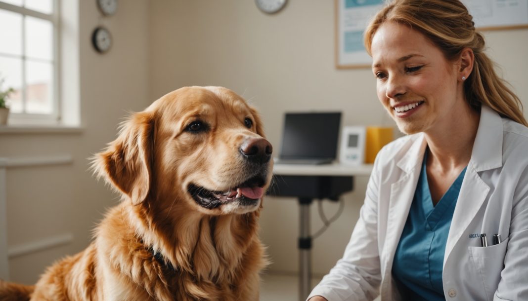 Chien et son propriétaire chez le vétérinaire, illustration assurance chien