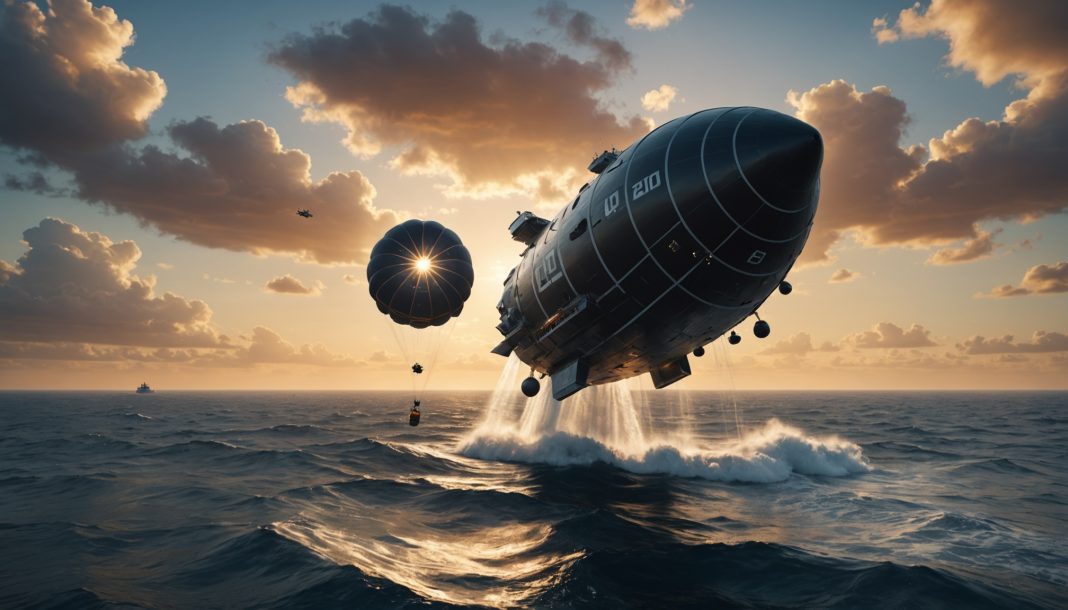 Illustration generee par IA d'une capsule spatiale amerrissant dans l'ocean au lever du soleil, ne represente pas la mission reelle