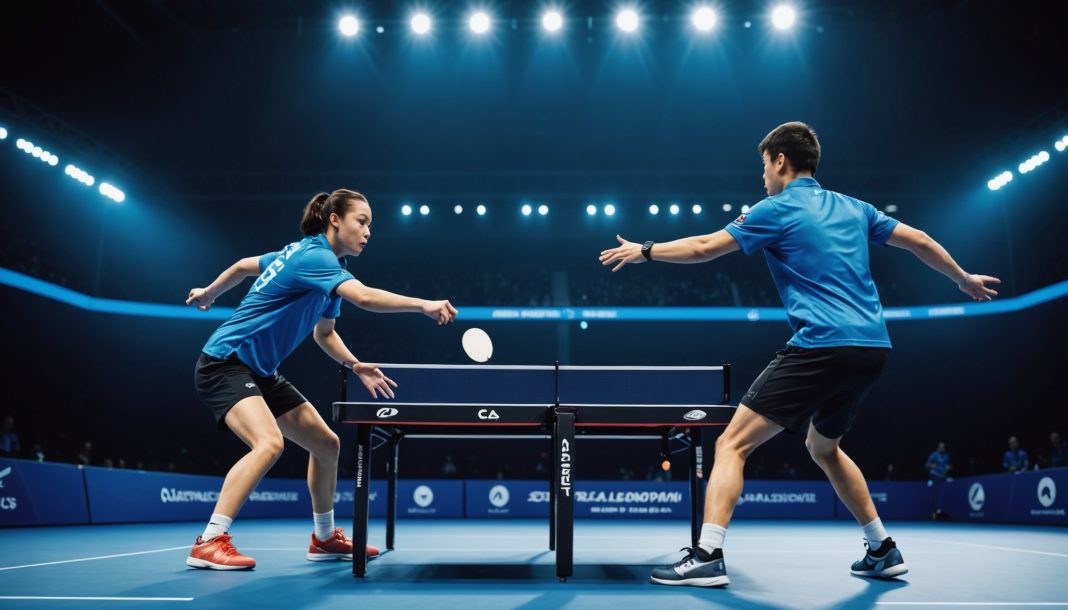 Illustration generee par IA d'un match de tennis de table en championnat d'Europe, ne represente pas les joueuses reelles