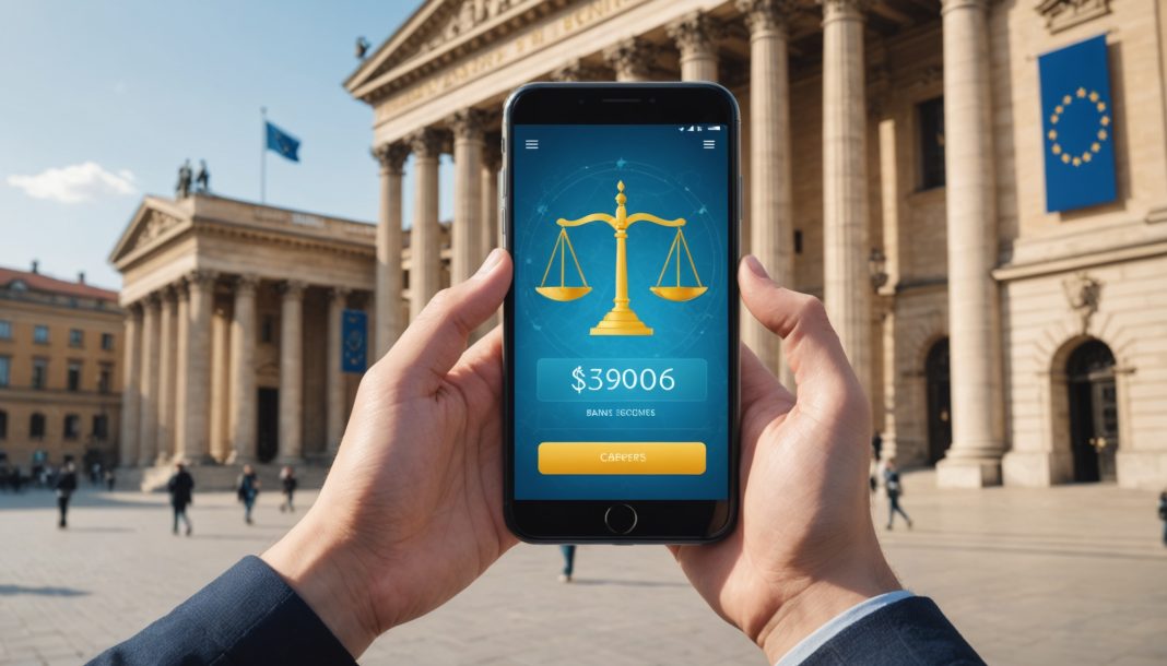 Illustration smartphone application bancaire, balance de la justice et carte bancaire