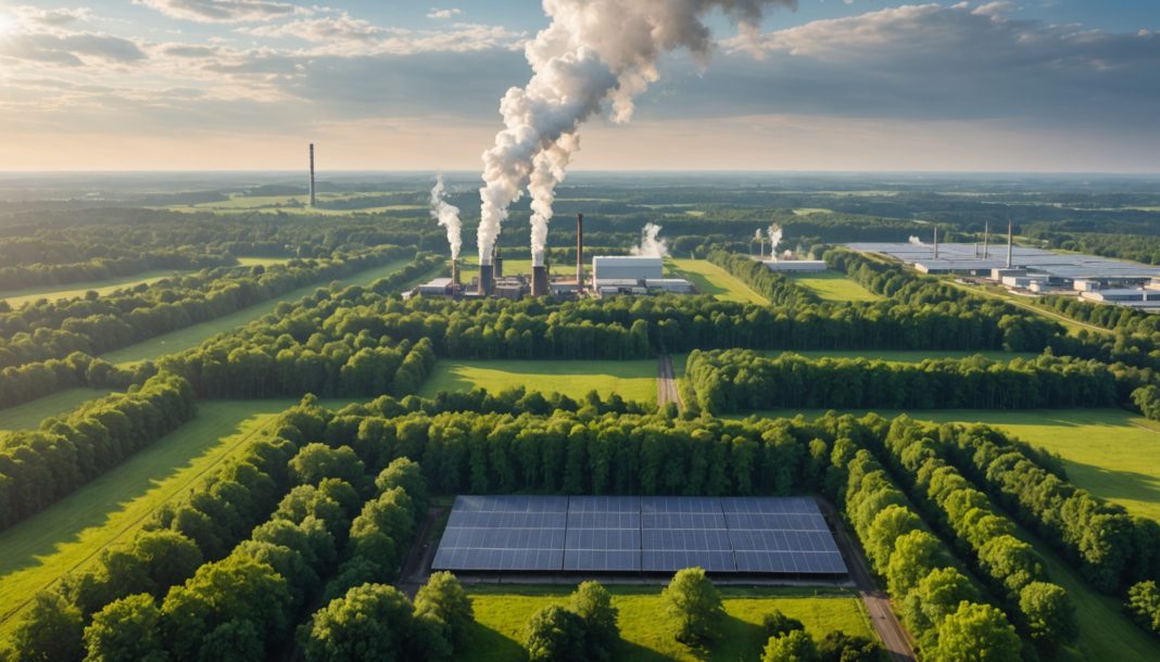 Illustration generee par IA d'un paysage mi-industriel mi-naturel symbolisant la transition vers la baisse des emissions de gaz a effet de serre