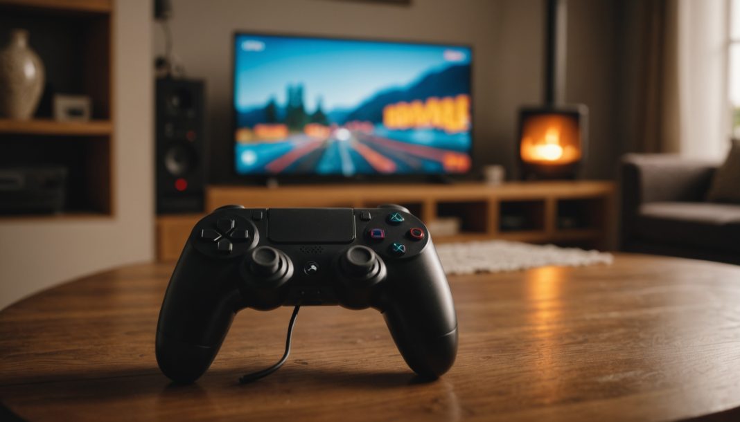 Manette de jeu vidéo sur une table de salon, illustrant la réforme de la classification PEGI par âge