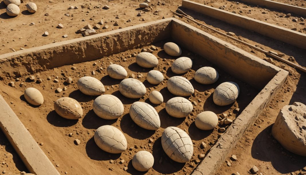 Fouilles paléontologiques avec œufs de dinosaures fossilisés dans un sol argileux