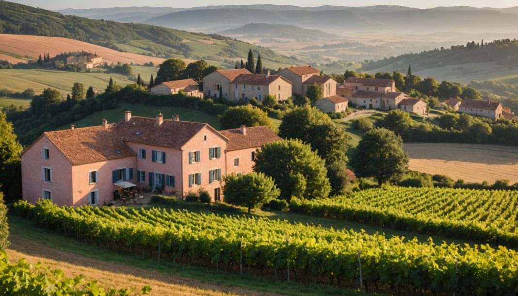Maisons individuelles en brique rose au milieu des vignes et des coteaux du Sud-Ouest