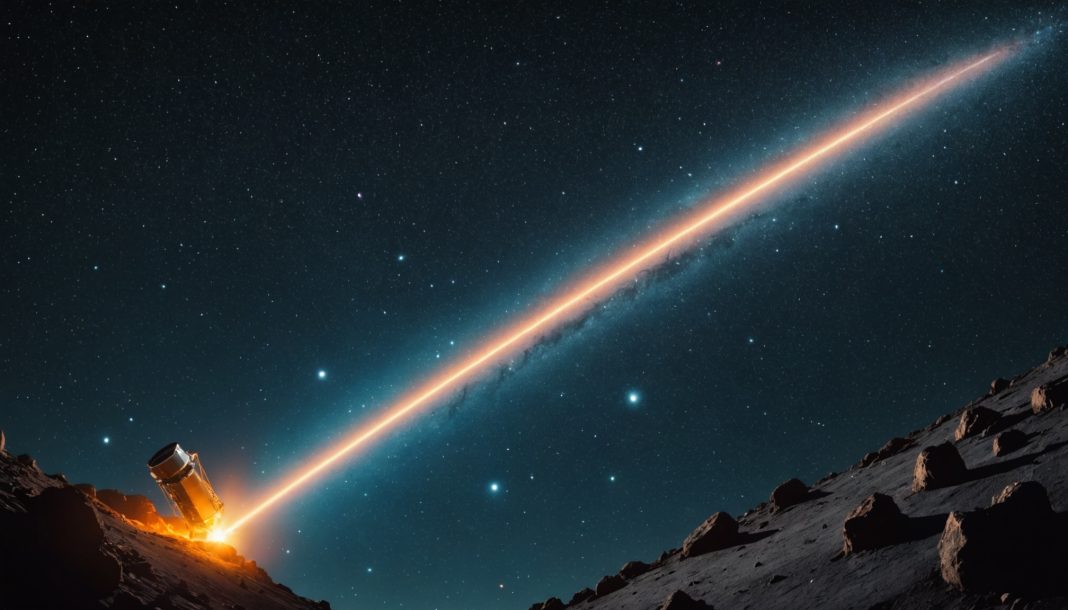Illustration générée par IA d'un télescope spatial observant une comète lumineuse dans l'espace