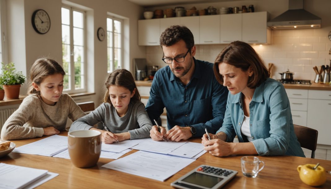 Famille française examinant ses factures et son budget sur la table de la cuisine