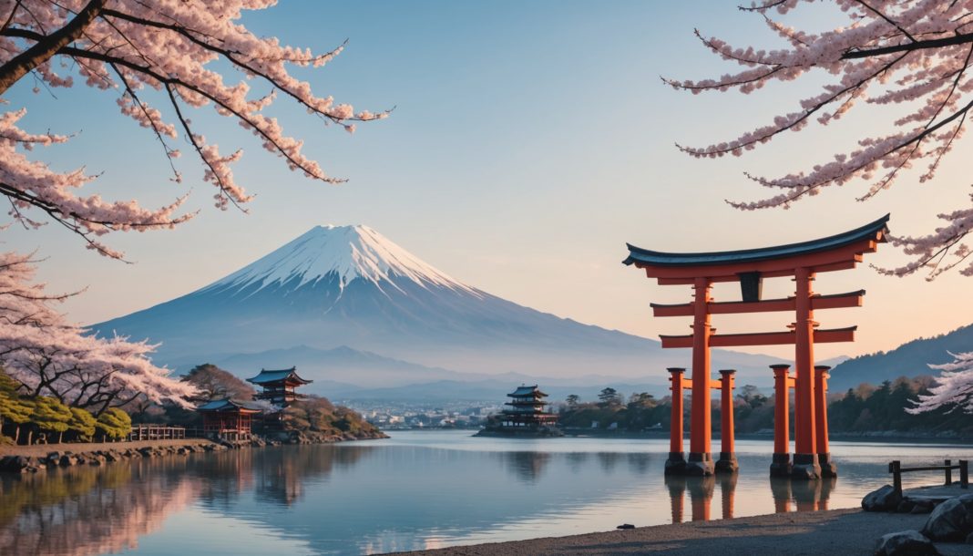 Illustration générée par IA d'un torii traditionnel avec le mont Fuji en arrière-plan, ne représente pas un lieu exact