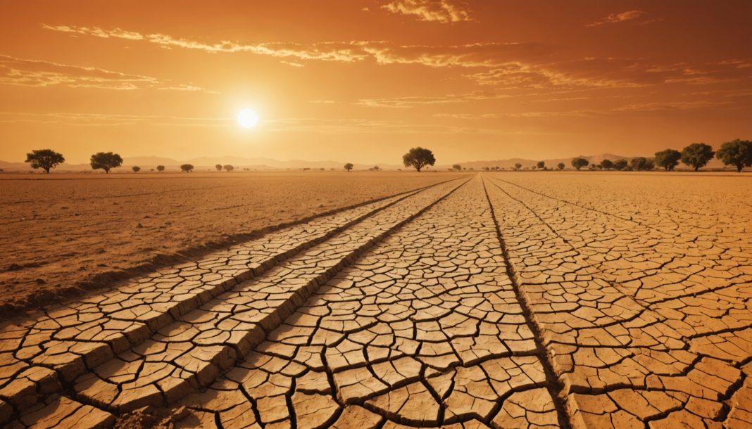 Illustration d'un paysage français aux sols craquelés par la sécheresse sous un ciel orangé, symbole du réchauffement climatique